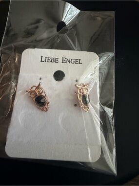 Rose Gold Owl Stud Earrings with Black Stone